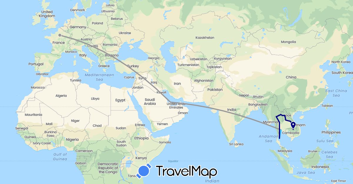 TravelMap itinerary: driving, plane, boat in France, Laos, Qatar, Thailand (Asia, Europe)